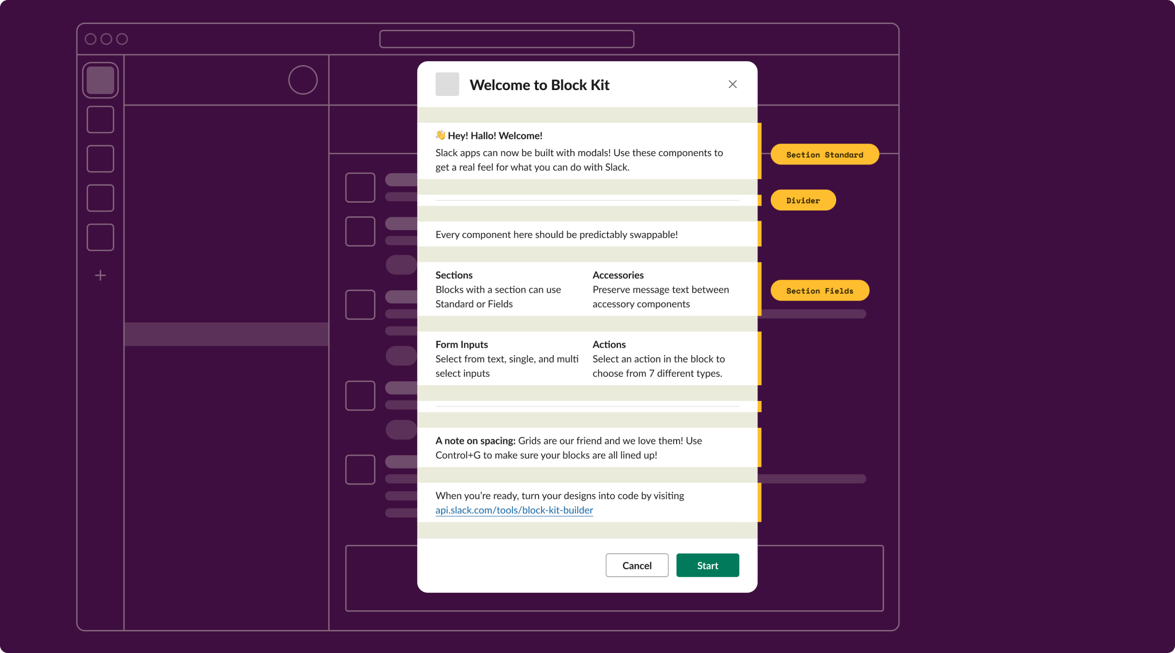 Slack interface displaying the 'Welcome to Block Kit' modal. The modal introduces various components for building Slack apps, such as Sections, Dividers, Form Inputs, and Actions. It provides an overview of how to use these components, including notes on spacing and a link to the Block Kit Builder tool. The background shows a dark purple interface with placeholders for different elements.