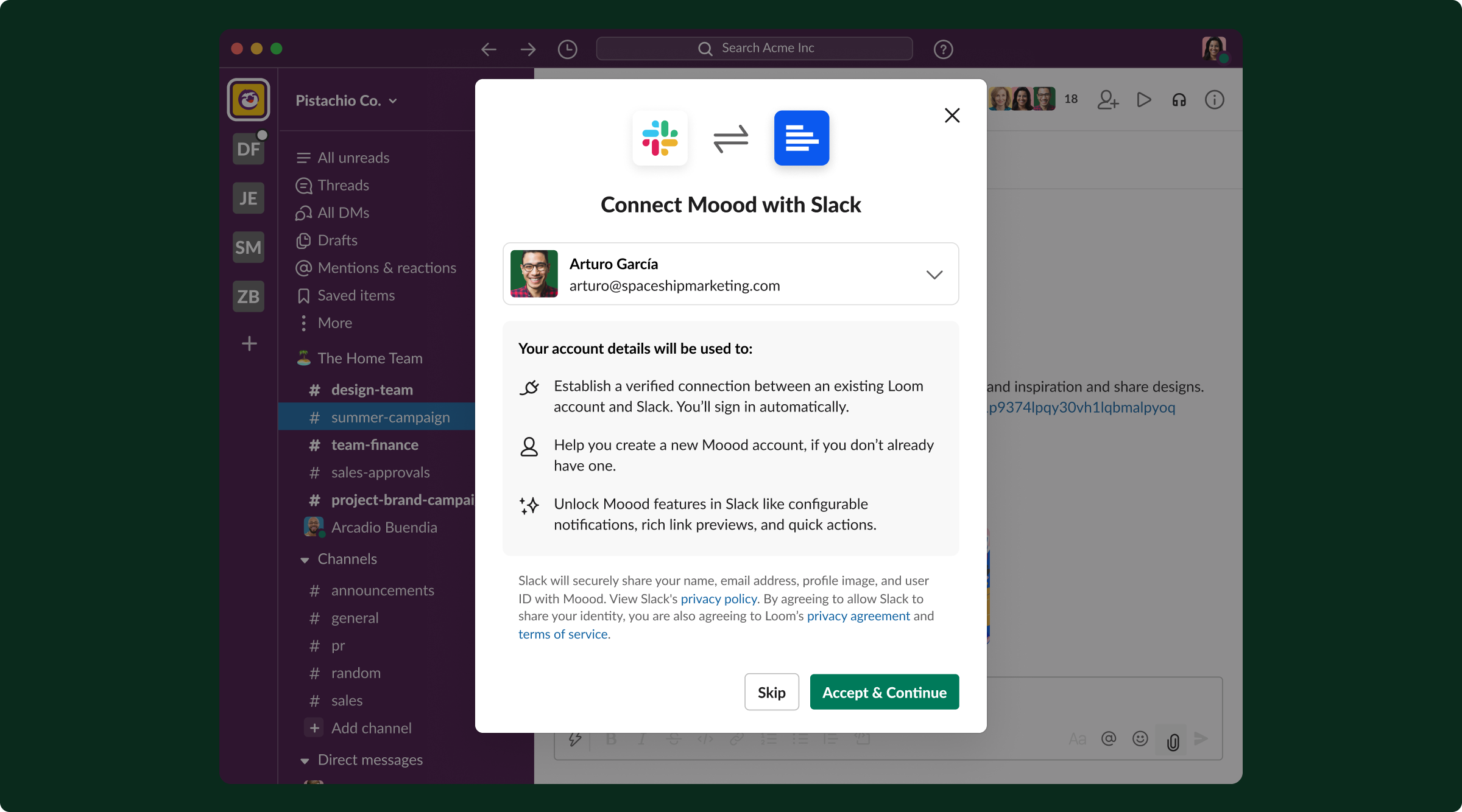 Slack interface showing a pop-up window to connect Mooood with Slack. The pop-up includes account information for Arturo García (arturo@spaceshipmarketing.com) and details about establishing a verified connection, creating a new Mooood account, and unlocking Mooood features in Slack. The background shows a workspace with various channels and direct messages.