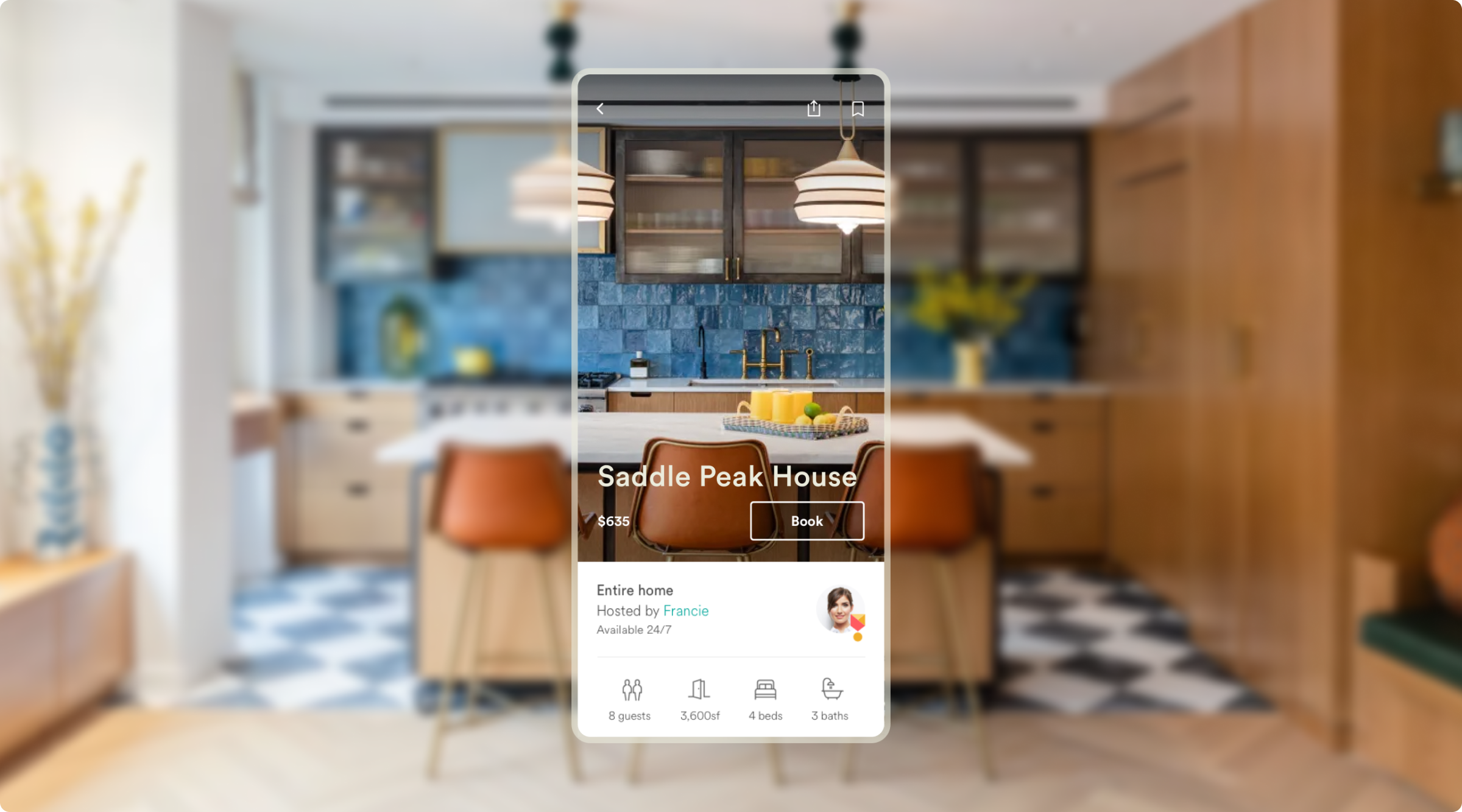 Airbnb Plus. A booking interface for Saddle Peak House showing a modern kitchen with blue tile backsplash, wooden cabinets, and brown leather bar stools. The listing details include a price of $635, hosted by Francie, available 24/7, and accommodation for 8 guests, covering 3,600 square feet with 4 beds and 3 baths.